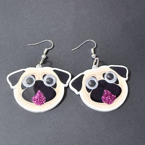 Googly eyed pug earrings . Glitter pink tongue